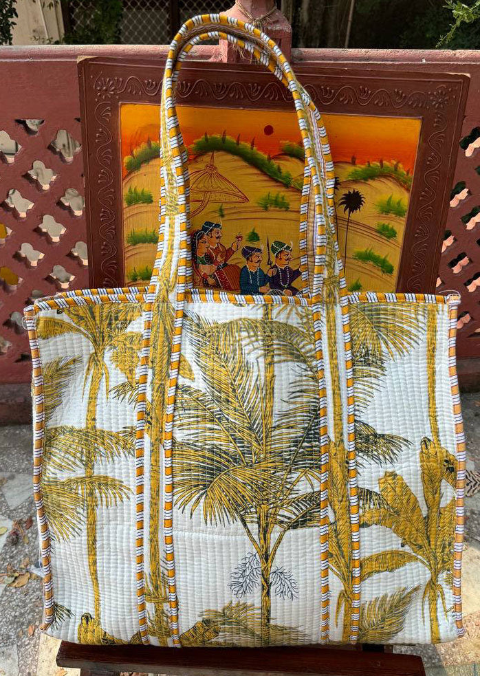 100% Cotton Palm Tree Printed Quilted Tote Bag in Yellows and White. Bhawana Handicrafts