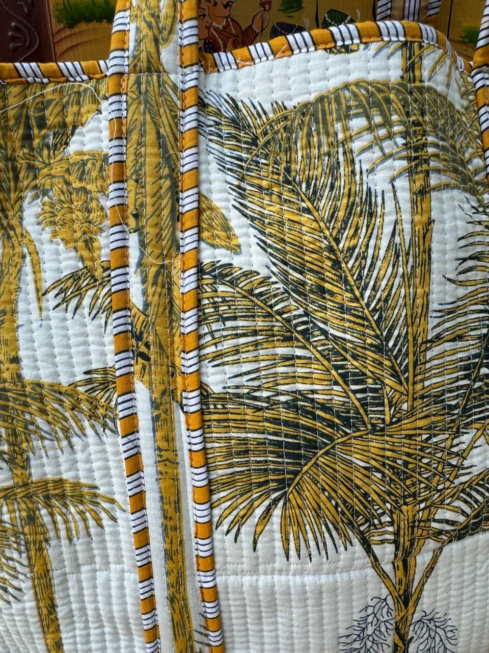 100% Cotton Palm Tree Printed Quilted Tote Bag in Yellows and White. Bhawana Handicrafts