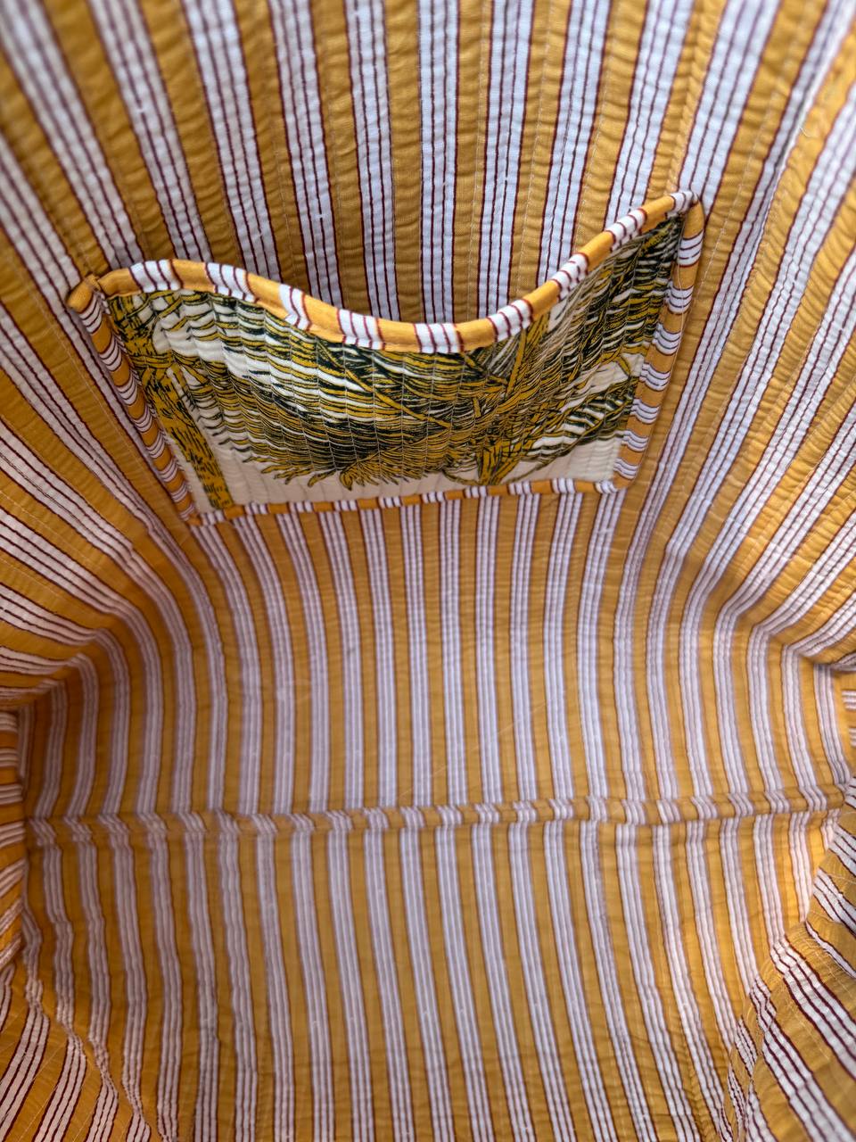 100% Cotton Palm Tree Printed Quilted Tote Bag in Yellows and White. Bhawana Handicrafts