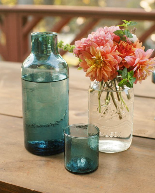Handblown Hammered Glass Carafe & drinking glass : Blue Creative Women