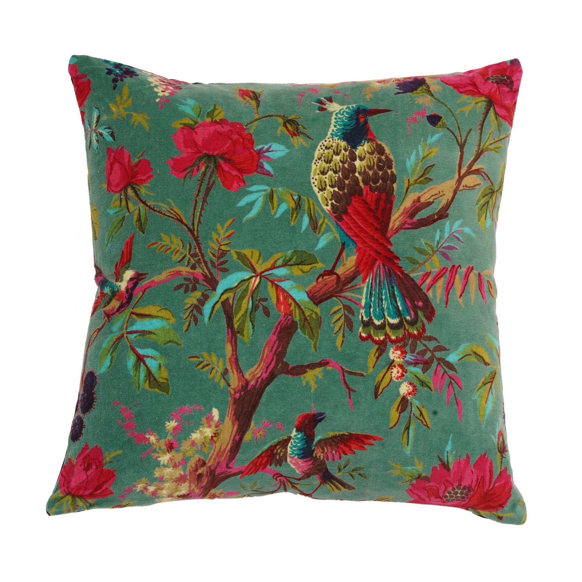 100 % Cotton Velvet Frida Kahlo inspired bird printed scatter cushion : Chartreusse Green Multi Linen Connections
