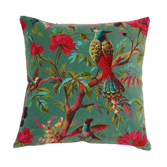 100 % Cotton Velvet Frida Kahlo inspired bird printed scatter cushion : Chartreusse Green Multi Linen Connections