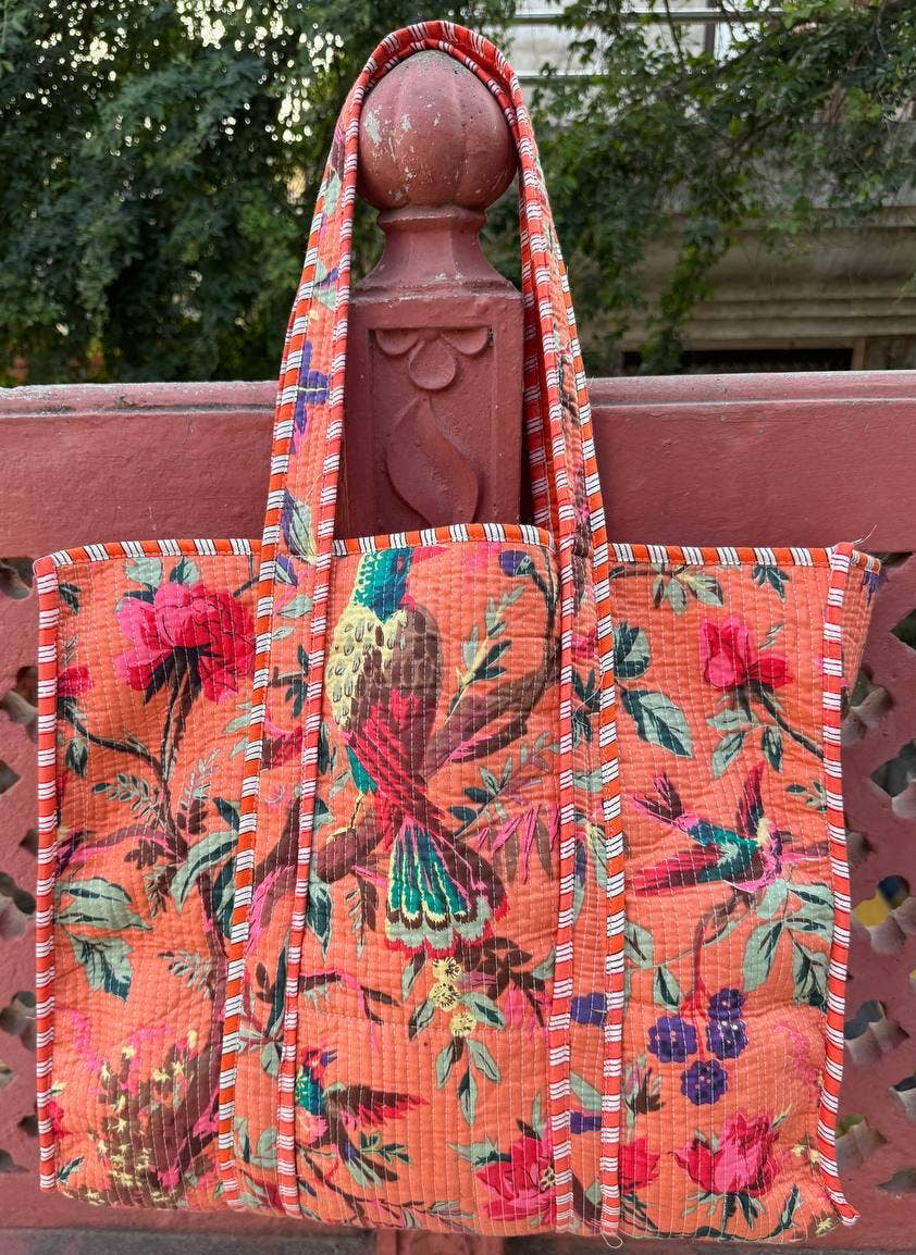 Bird Print Quilted Cotton Bag Girls Bag Market Shopping Bags Bhawana Handicrafts