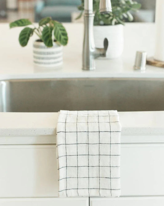 Stone washed 100 % Linen Tea Towel White/Navy windowpane check Creative Women